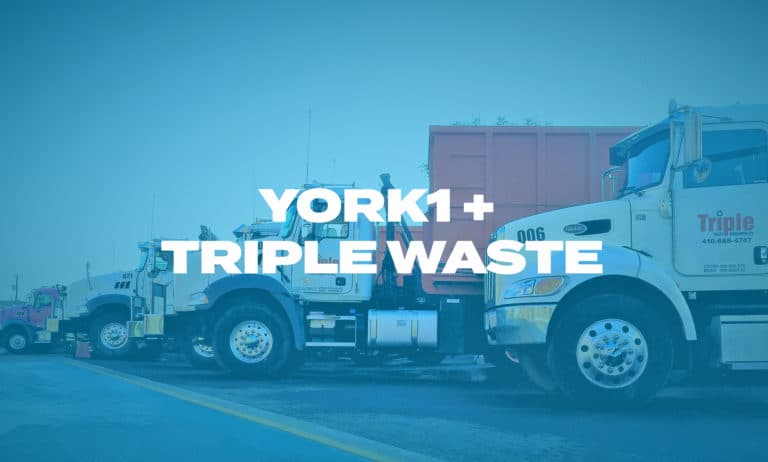 Side view of trucks parked in a line on asphalt. Photo with blue overlay, York1 + Triple Waste in white text.