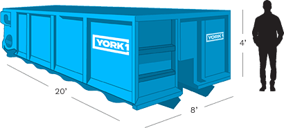 Illustration of blue 20-yard York1 roll-off bin. Measurement arrows and silhouette of person for scale.
