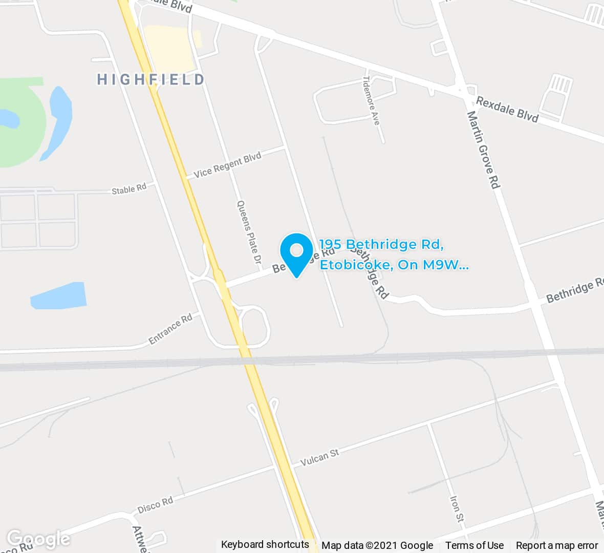 Google map snapshot. Blue location pin at 195 Bethridge Road, Etobicoke ON