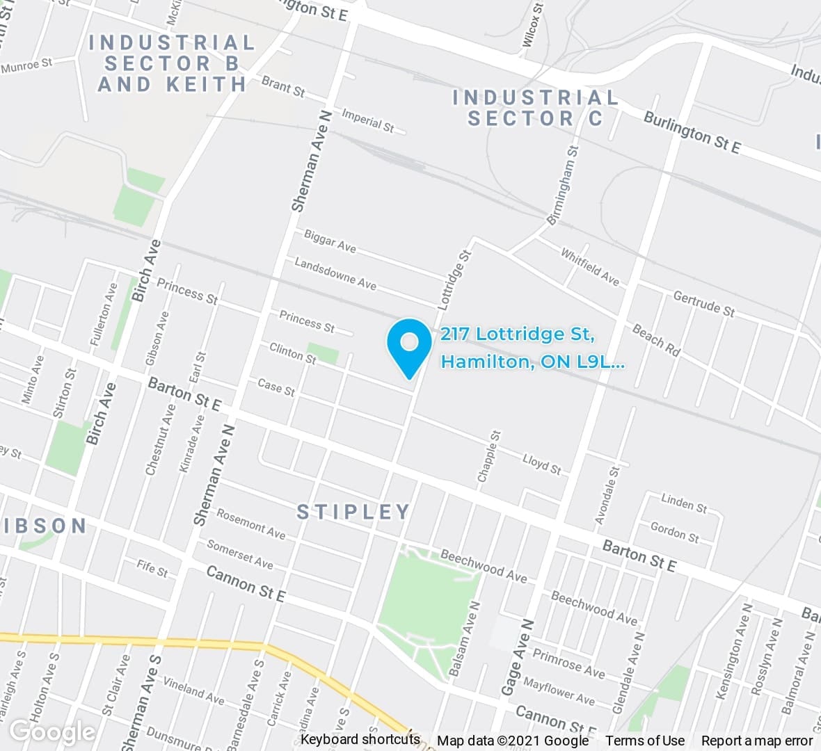 Google map snapshot. Blue location pin at 217 Lottridge Street, Hamilton ON