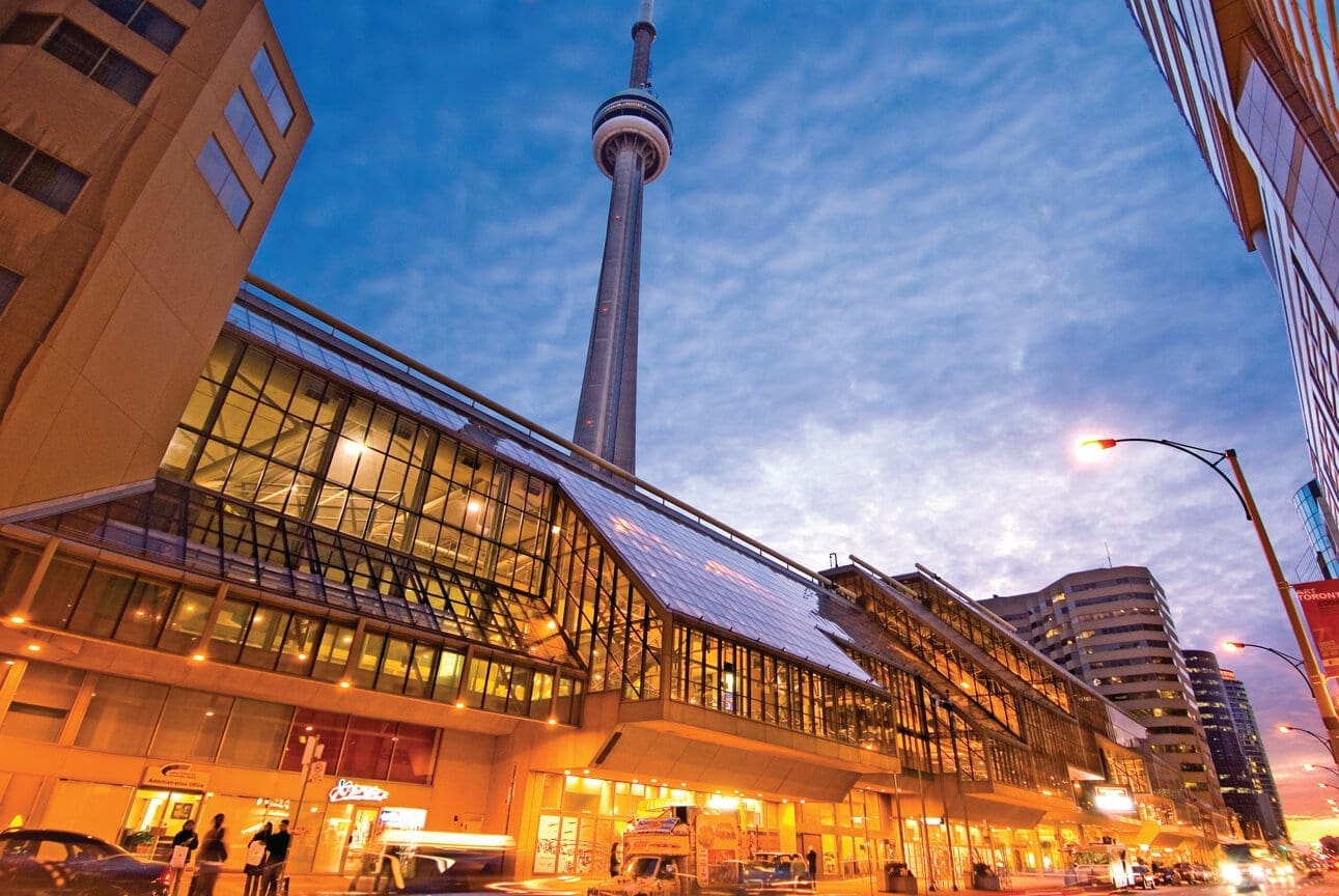 Metro Toronto Convention Centre at sunset.