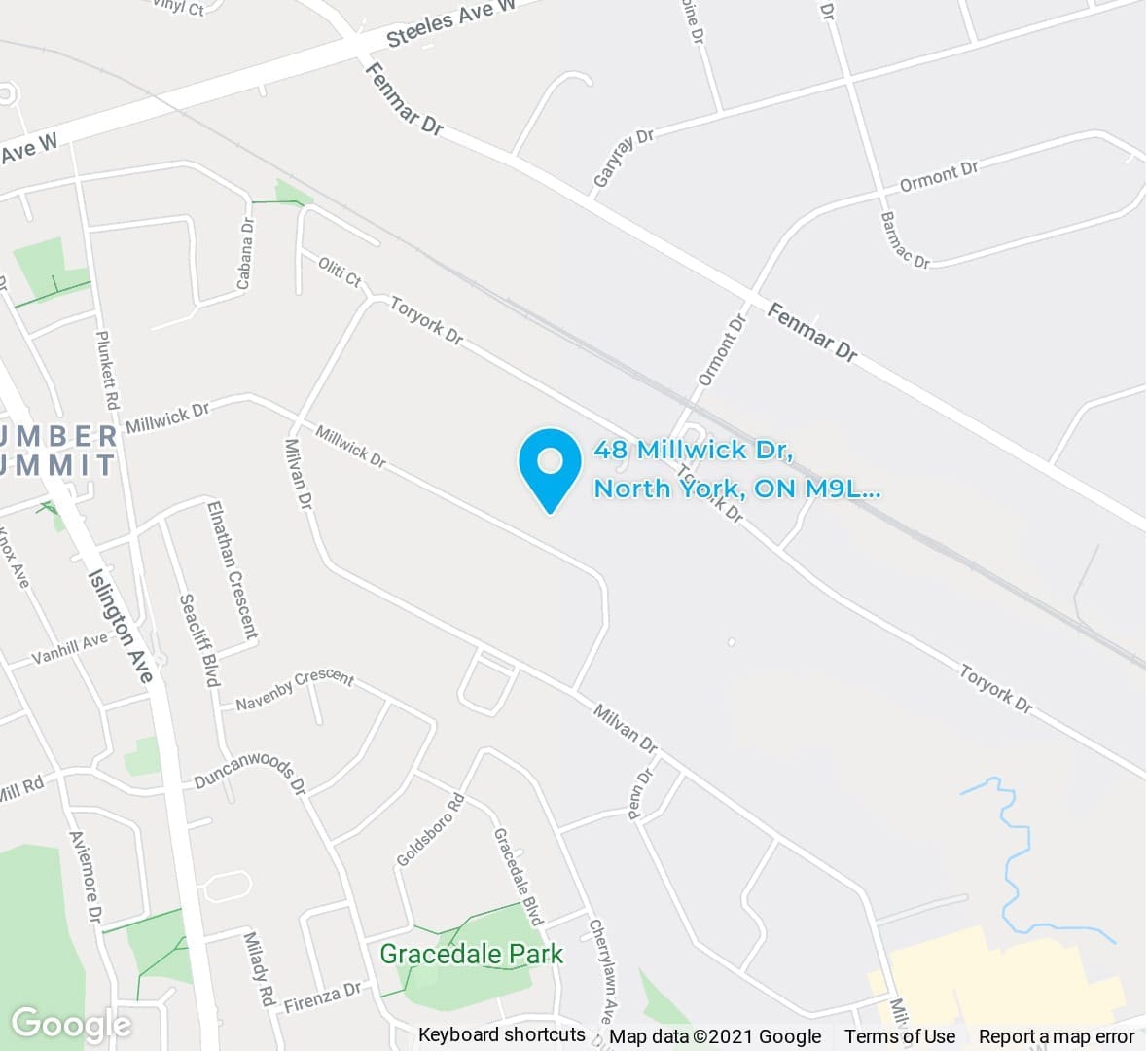 Google map snapshot. Blue location pin at 48 Millwick Drive, North York ON