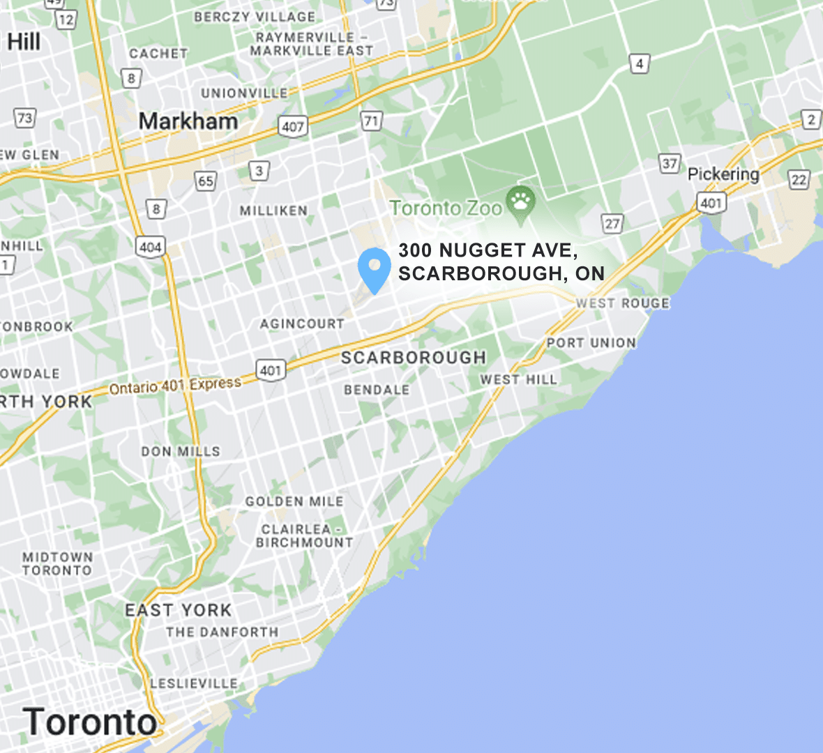 Map showing 300 Nugget Ave, Scarborough, ON location.