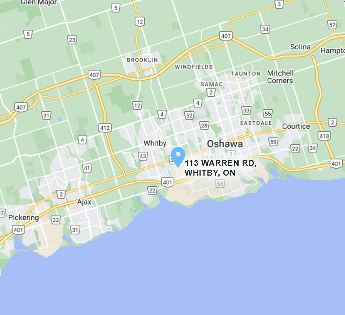 Map showing 113 Warren Rd., Whitby, ON location.