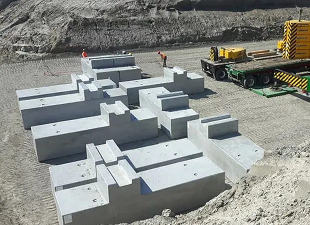 Pre-cast Retaining Walls, Crane Truck and Flatbed Trailer