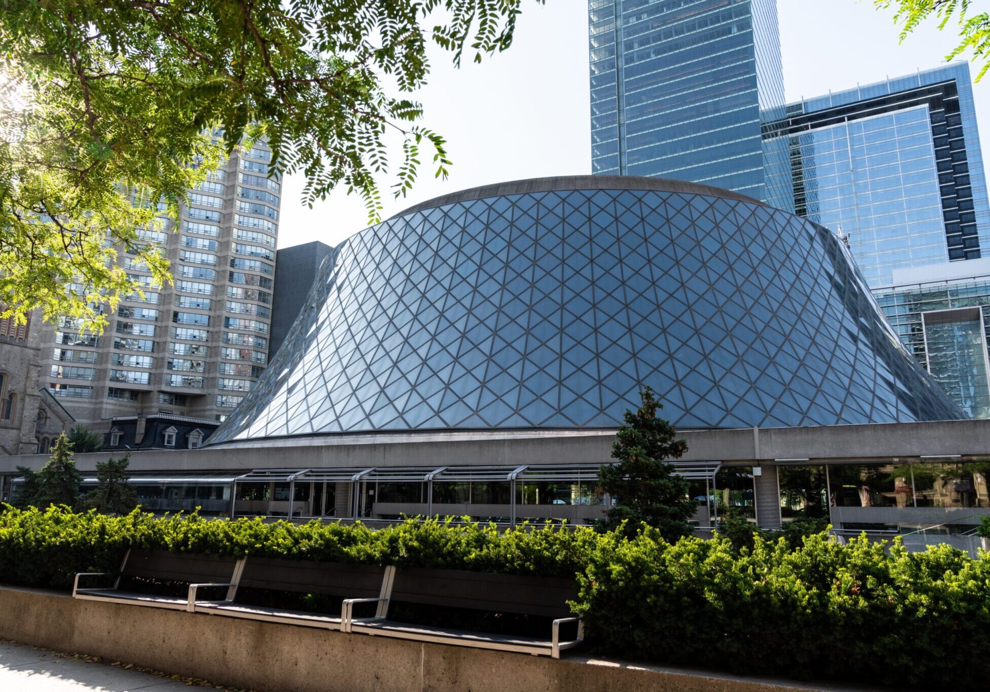 Exterior shot of Roy Thomson Hall on a sunny day