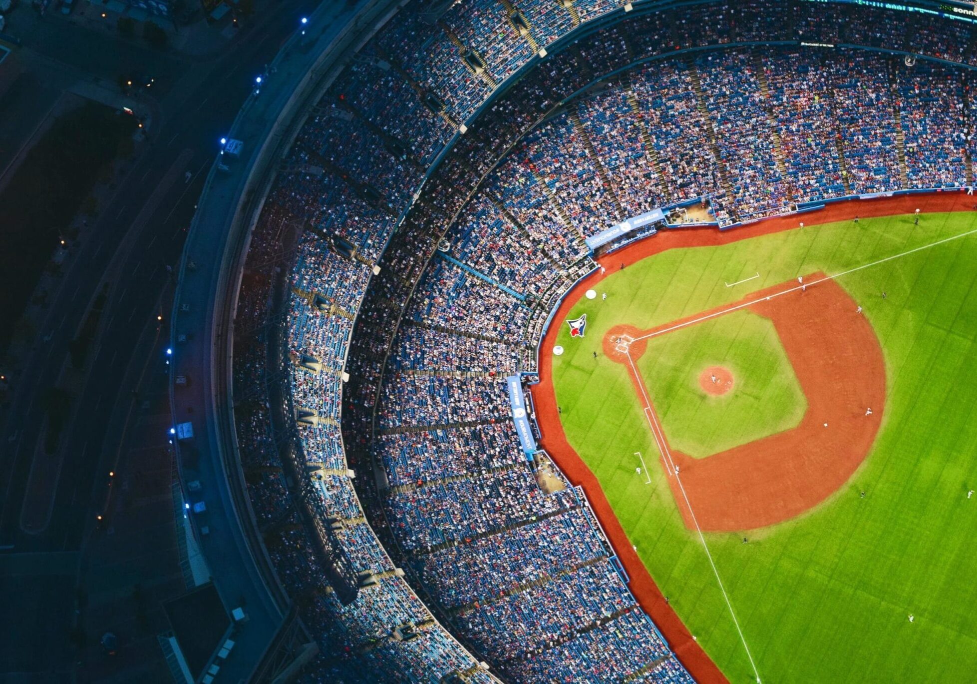 Overhead, open-dome view of a baseball game at the Rogers Centre